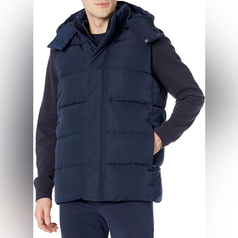 Amz Essentials Men Relaxed-Fit Water Repellent Polyester Hooded PufferVest